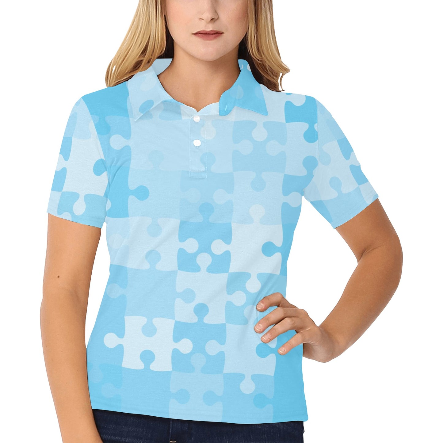 Puzzle Blue Pattern Print Design A04 Women's Polo Shirt