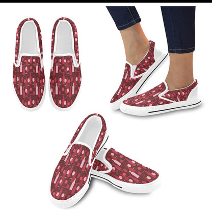 Wine Print Design LKS304 White Slip Ons Canvas Women's Shoes