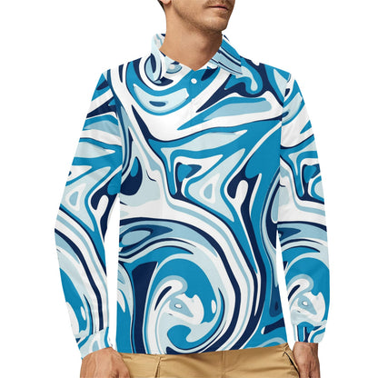 Liquid Pattern Print Design 05 Long Sleeve Polo Shirt For Men's