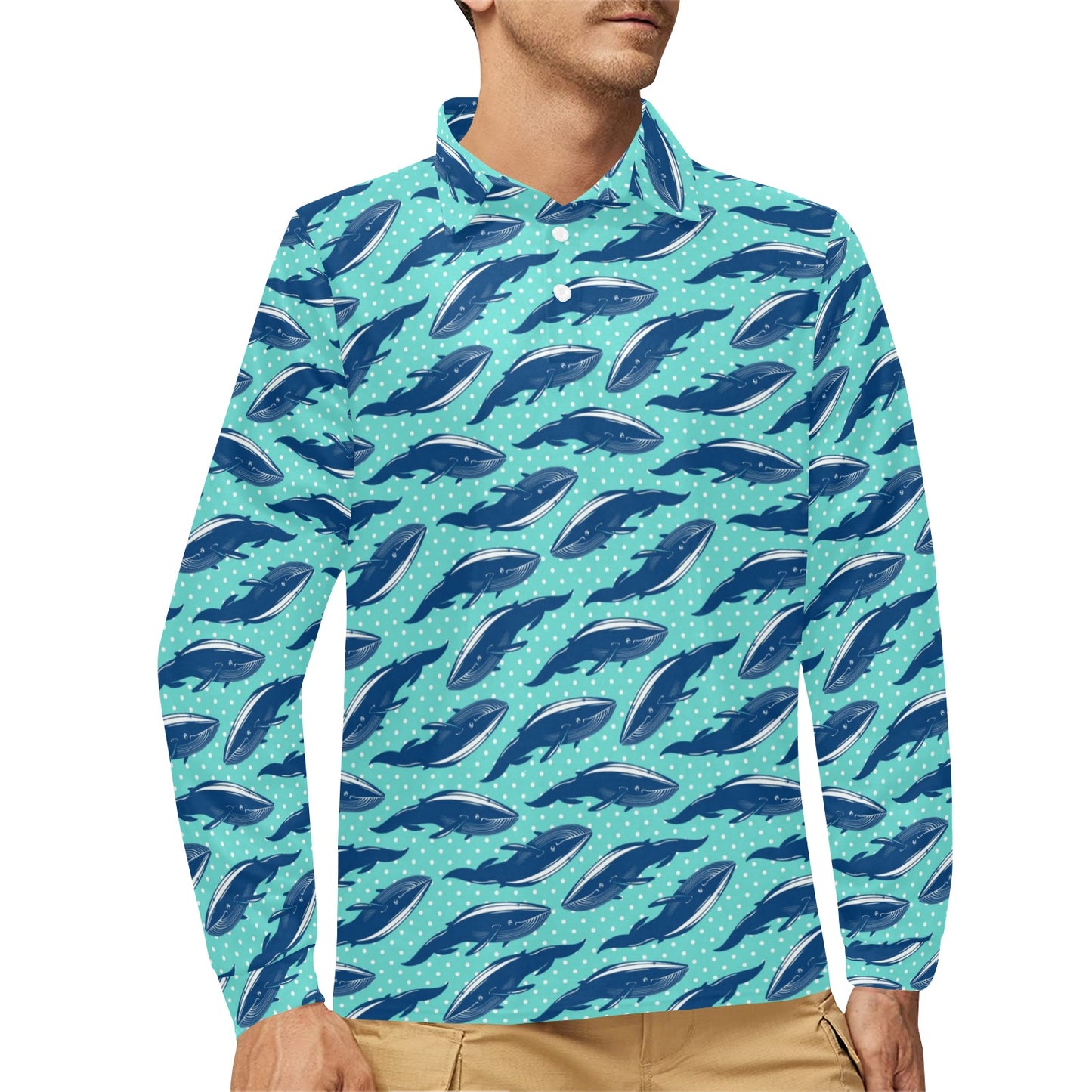 Whale Polka Dot Design Themed Print Long Sleeve Polo Shirt For Men's