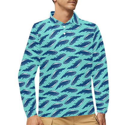 Whale Polka Dot Design Themed Print Long Sleeve Polo Shirt For Men's