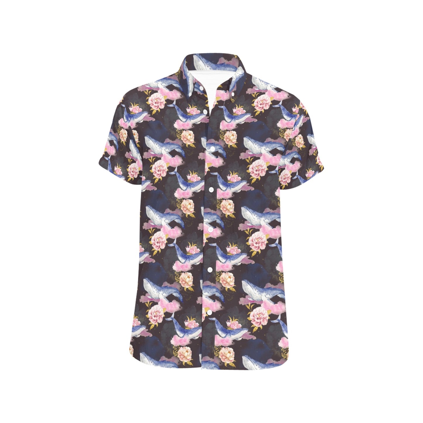 Blue Whale Print Design LKS401 Men Short Sleeve Button Up Shirt