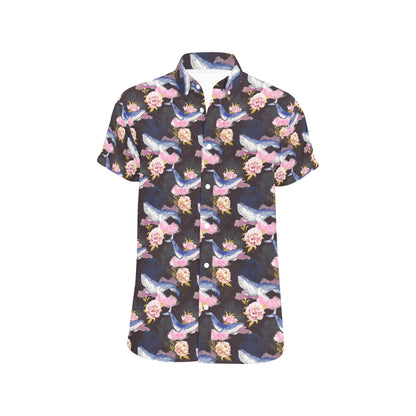Blue Whale Print Design LKS401 Men Short Sleeve Button Up Shirt