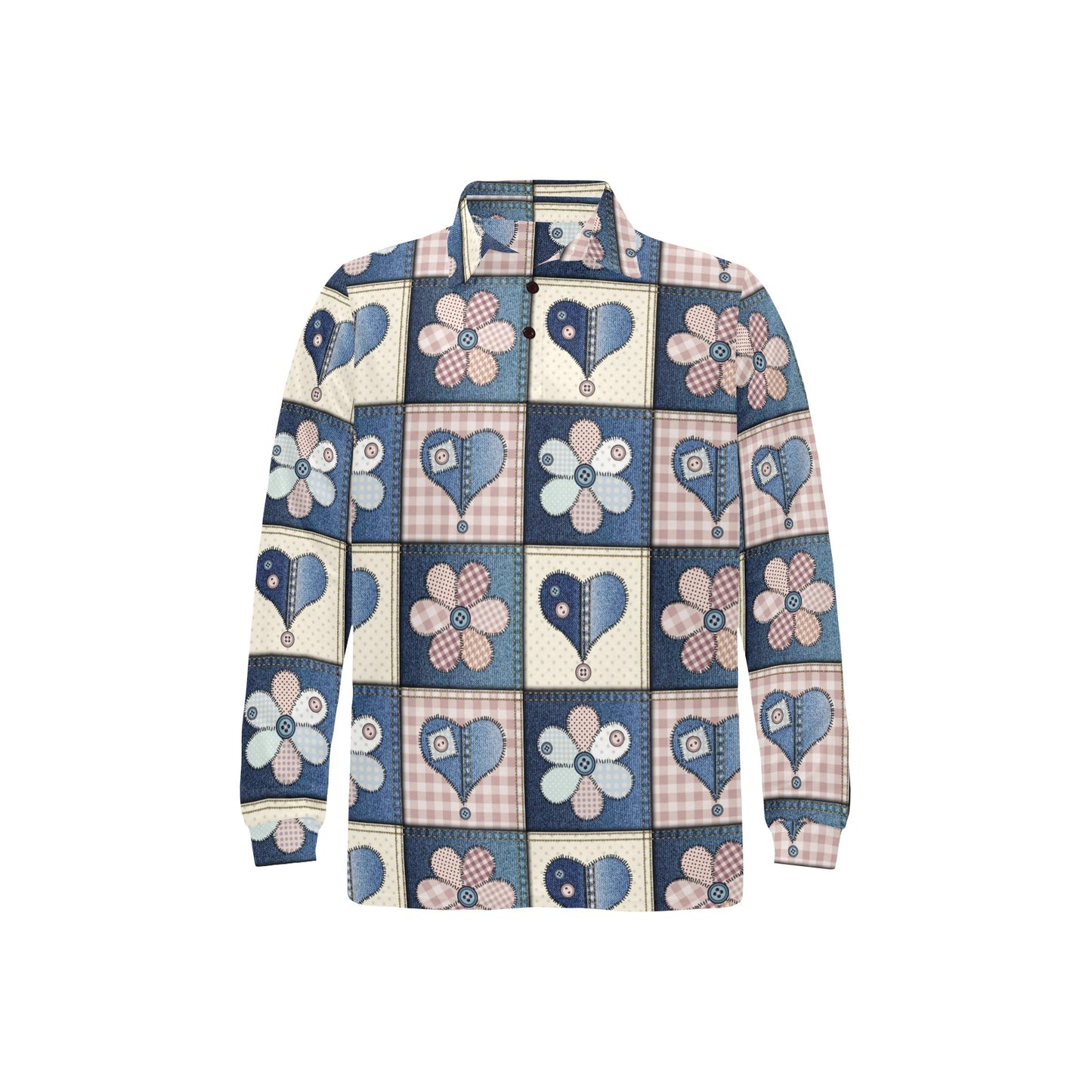 Patchwork Heart Flower Pattern Print Design 01 Long Sleeve Polo Shirt For Men's