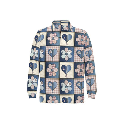 Patchwork Heart Flower Pattern Print Design 01 Long Sleeve Polo Shirt For Men's