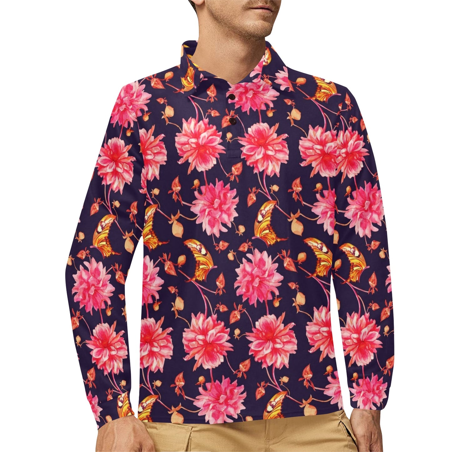 Dahlia Pattern Print Design DH03 Long Sleeve Polo Shirt For Men's