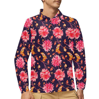 Dahlia Pattern Print Design DH03 Long Sleeve Polo Shirt For Men's