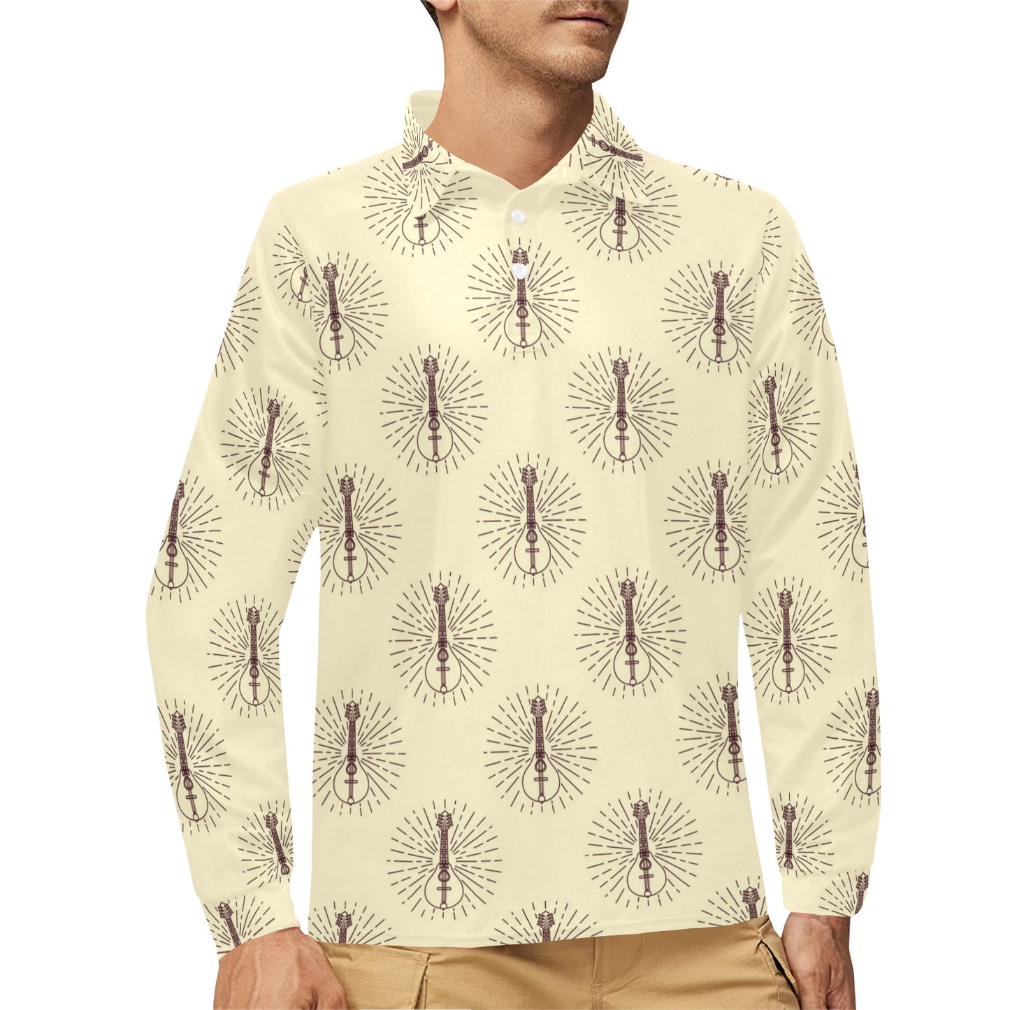 Mandolin Pattern Print Design 02 Long Sleeve Polo Shirt For Men's