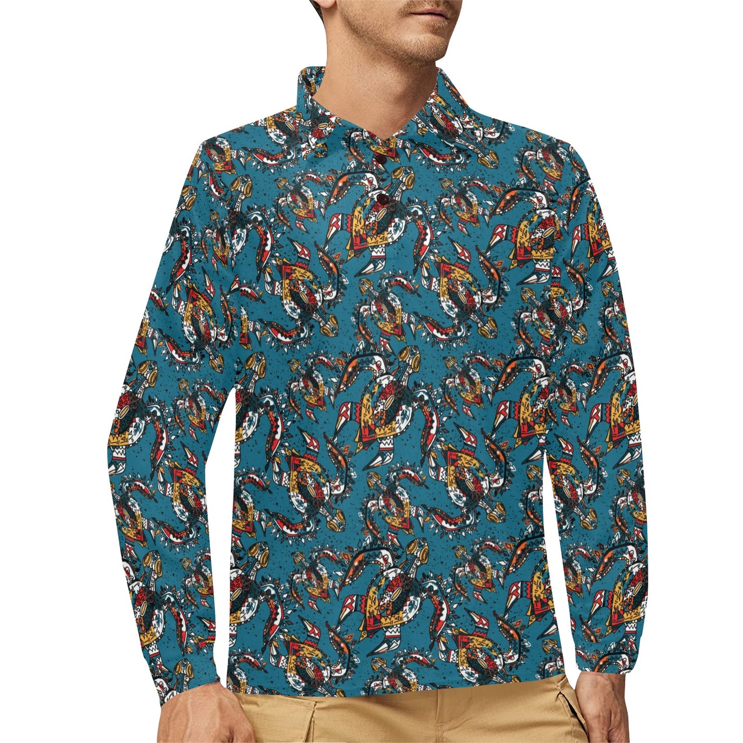 Sea Turtle Tribal Colorful Hand Drawn Long Sleeve Polo Shirt For Men's