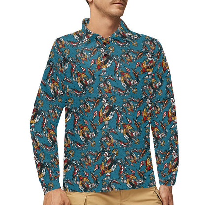 Sea Turtle Tribal Colorful Hand Drawn Long Sleeve Polo Shirt For Men's
