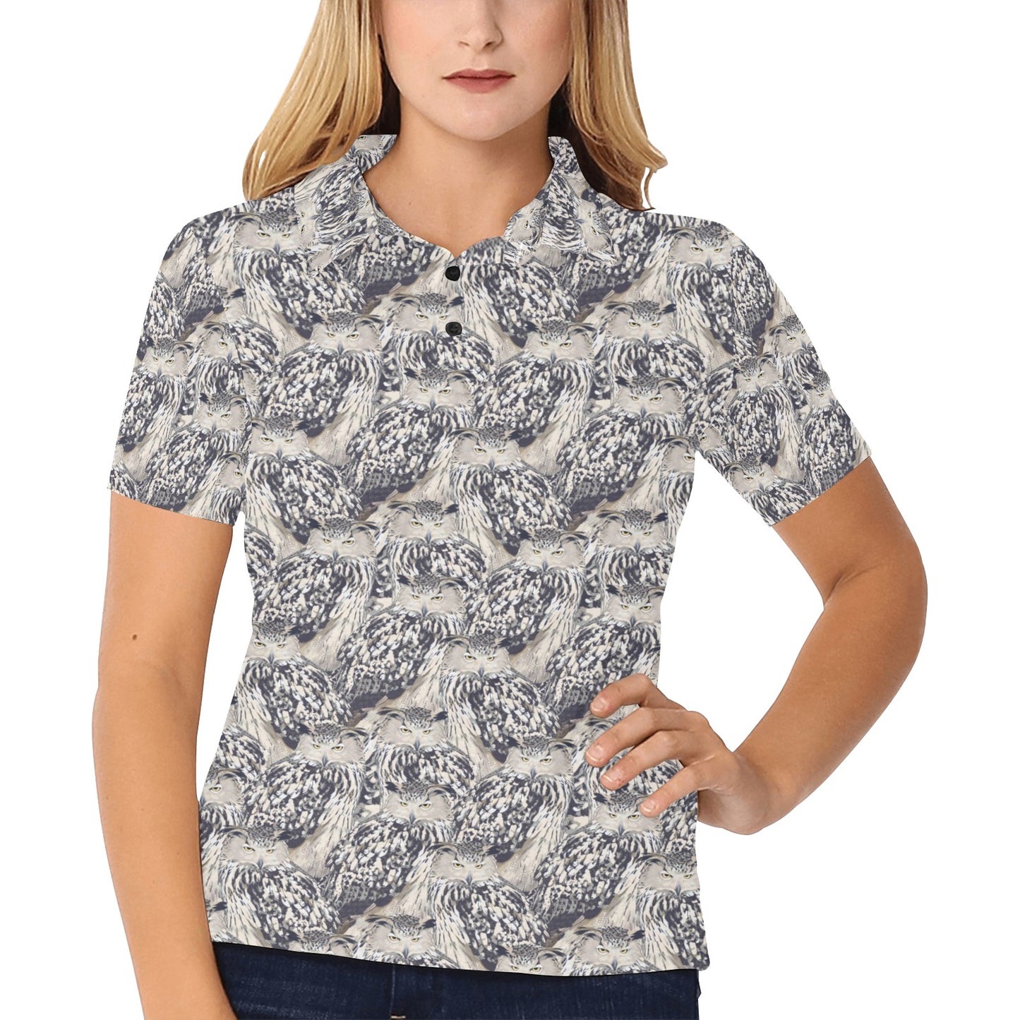 Owl Realistic Themed Design Print Women's Polo Shirt