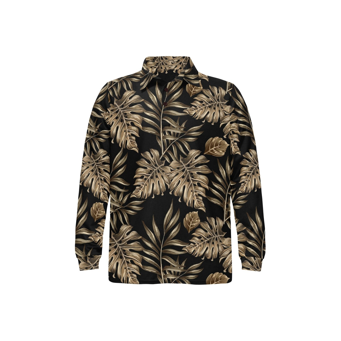 Brown Tropical Palm Leaves Long Sleeve Polo Shirt For Men's