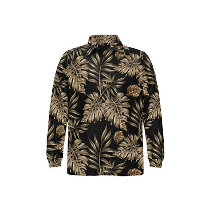 Brown Tropical Palm Leaves Long Sleeve Polo Shirt For Men's