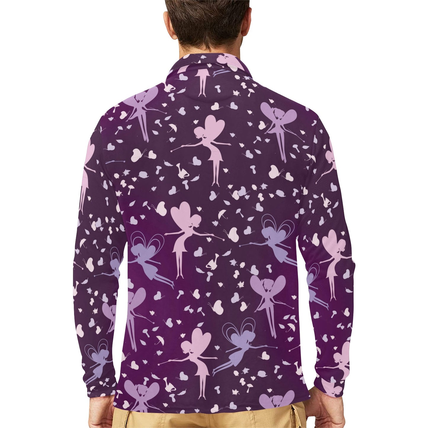 Fairy Pink Print Pattern Long Sleeve Polo Shirt For Men's