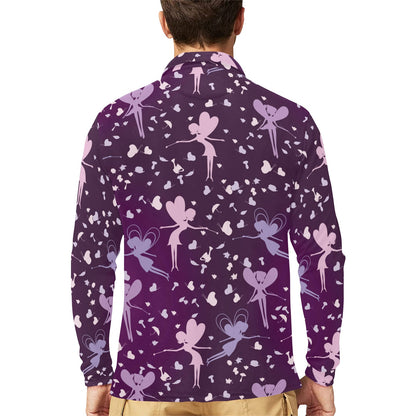 Fairy Pink Print Pattern Long Sleeve Polo Shirt For Men's