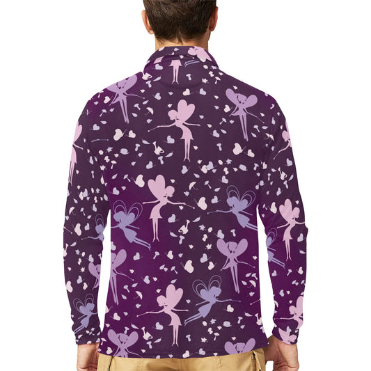 Fairy Pink Print Pattern Long Sleeve Polo Shirt For Men's