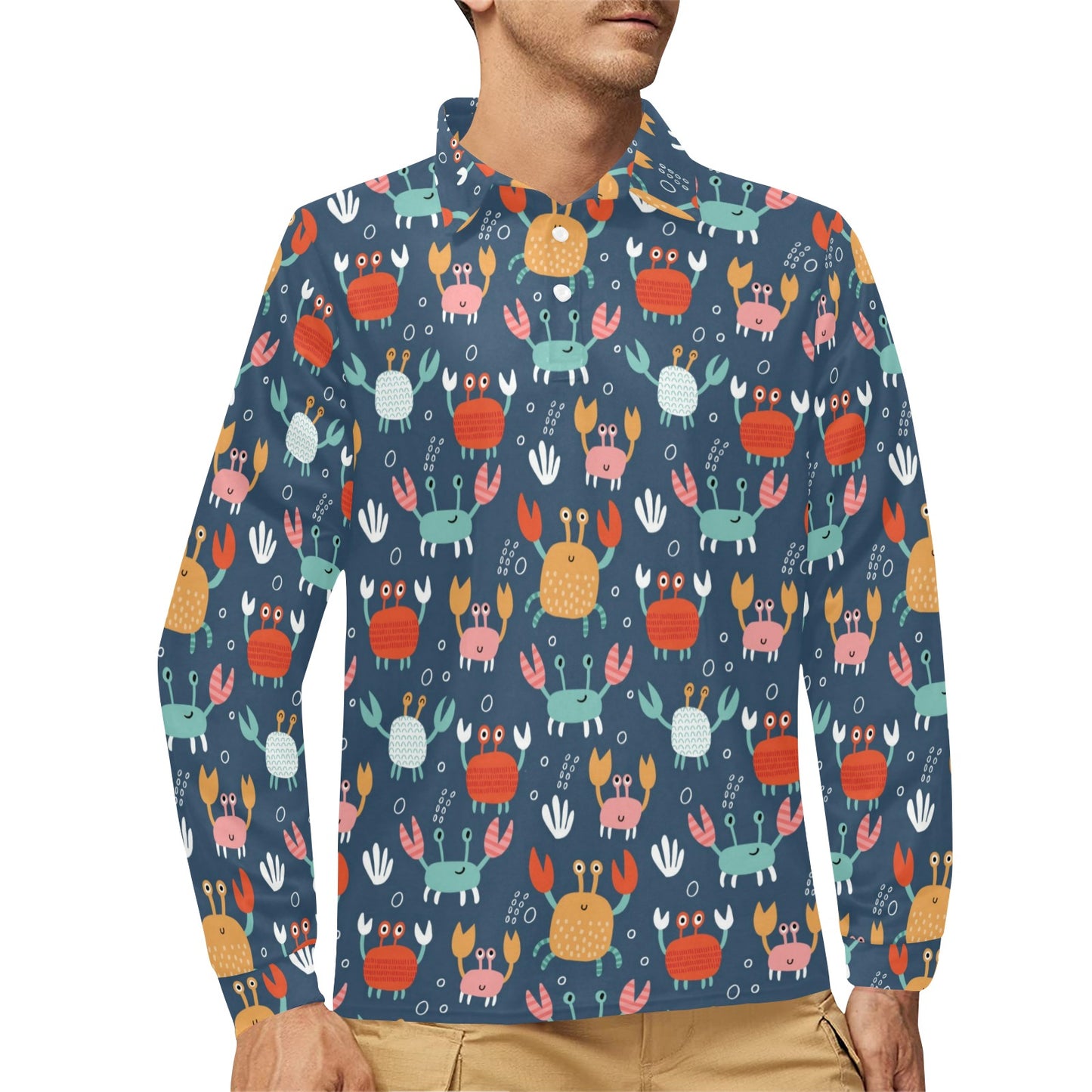 Crab Pattern Print Design 05 Long Sleeve Polo Shirt For Men's