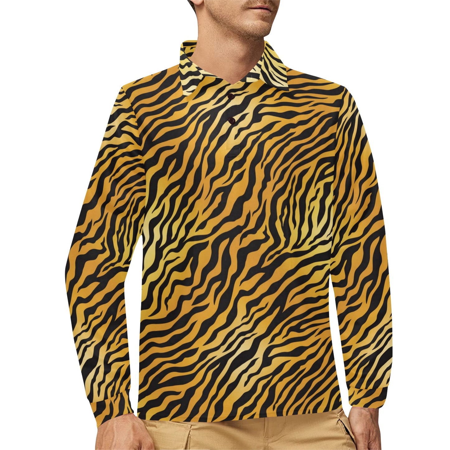 Tiger Print Design LKS302 Long Sleeve Polo Shirt For Men's