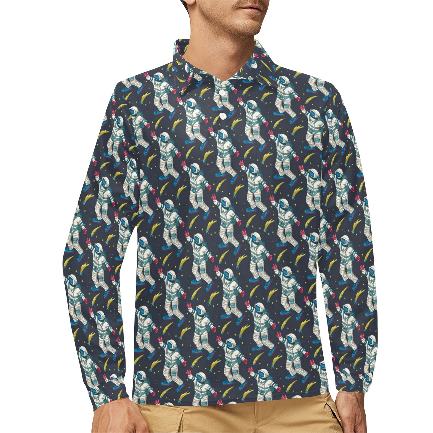 Astronaut Pattern Print Design 04 Long Sleeve Polo Shirt For Men's