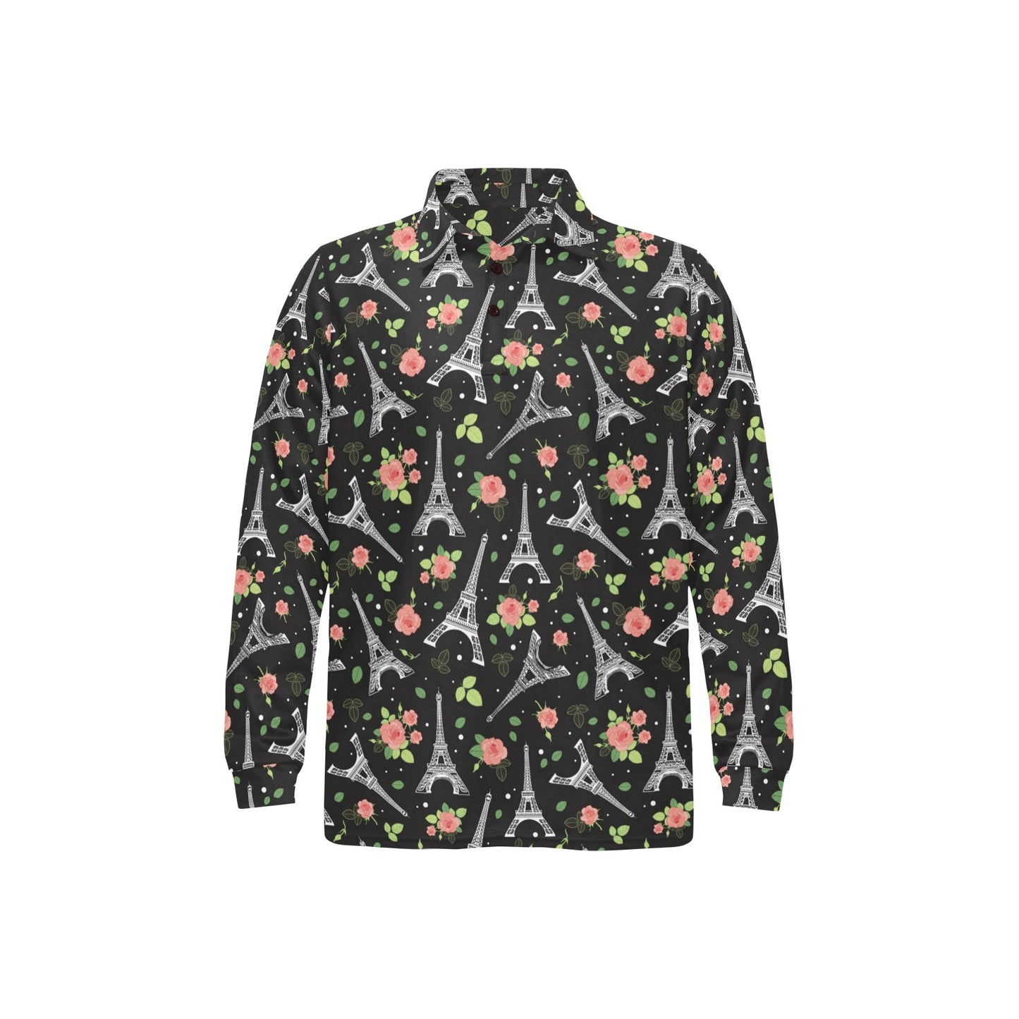 Eiffel Tower Rose Print Long Sleeve Polo Shirt For Men's