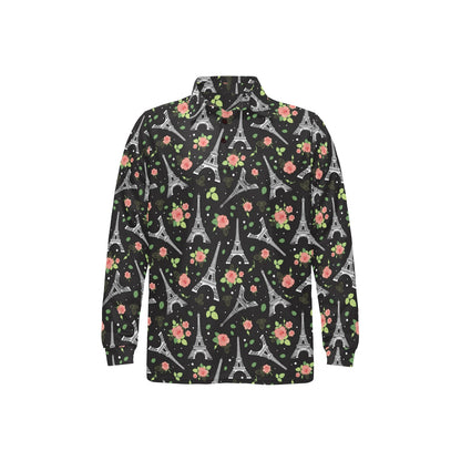 Eiffel Tower Rose Print Long Sleeve Polo Shirt For Men's