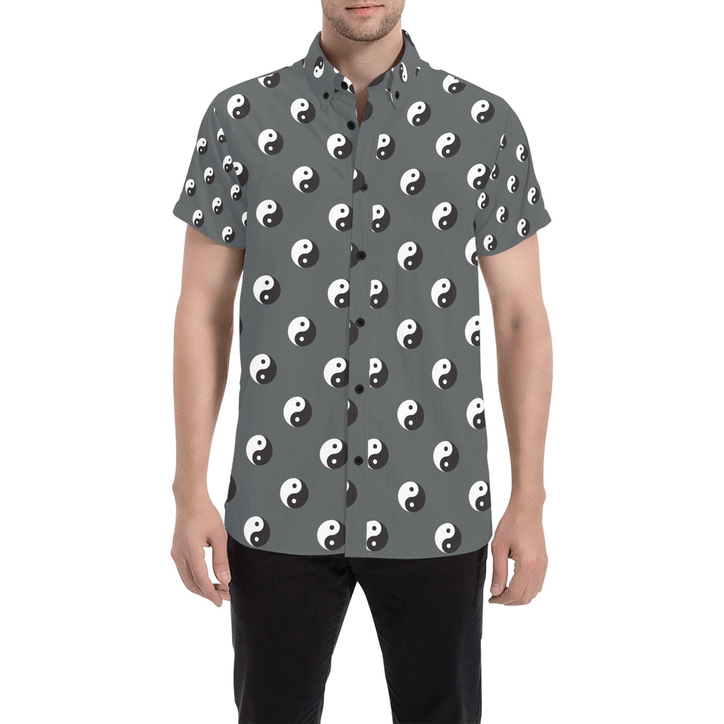 Yin Yang Print Design LKS303 Men Short Sleeve Button Up Shirt