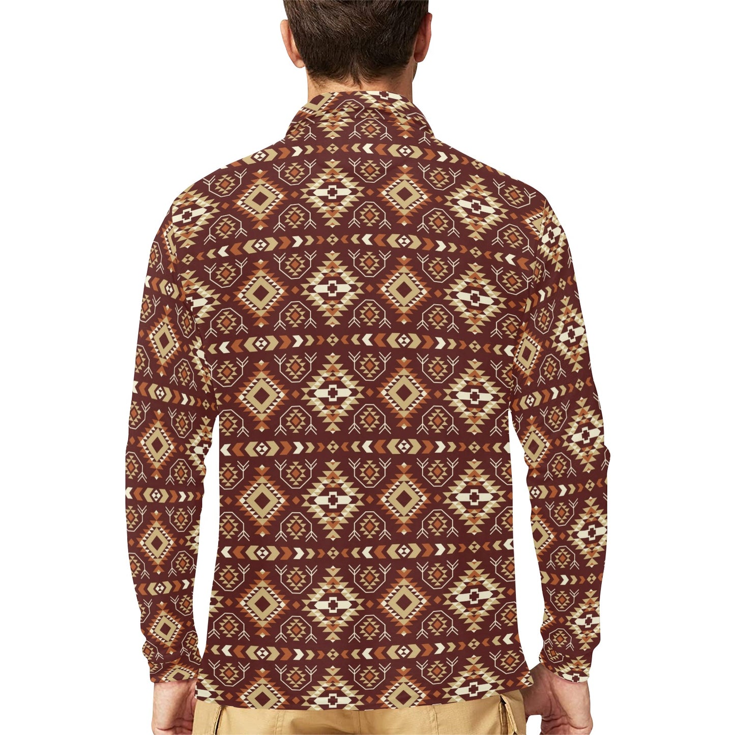 Navajo Native Color Print Pattern Long Sleeve Polo Shirt For Men's