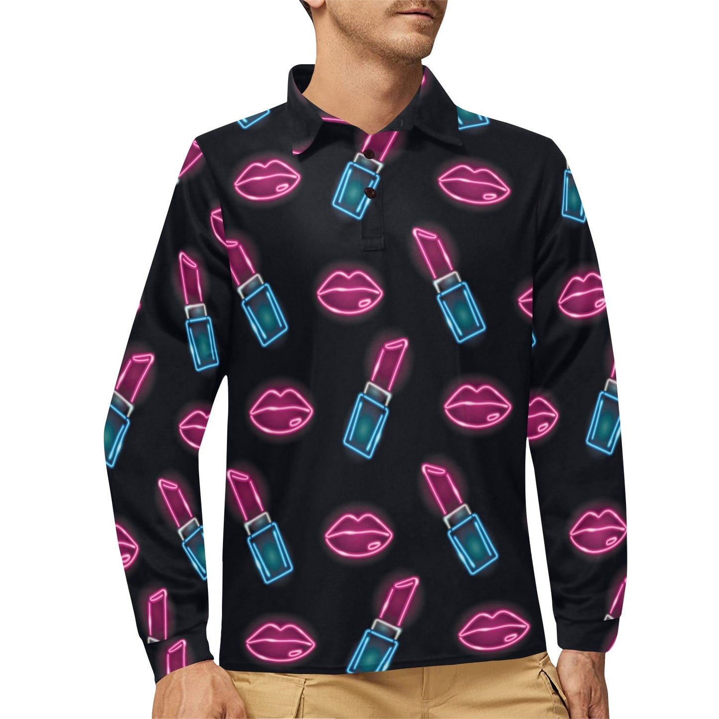 Lipstick Color Neon Pattern Print Design 03 Long Sleeve Polo Shirt For Men's
