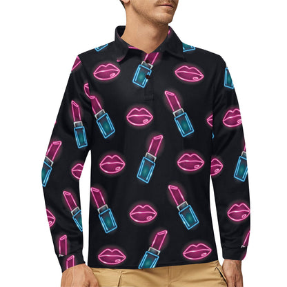 Lipstick Color Neon Pattern Print Design 03 Long Sleeve Polo Shirt For Men's