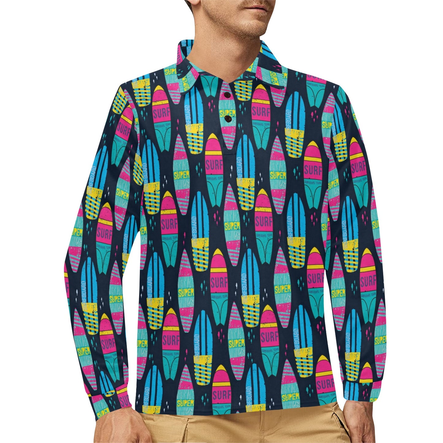 Surfboard Colorful Print Design LKS302 Long Sleeve Polo Shirt For Men's