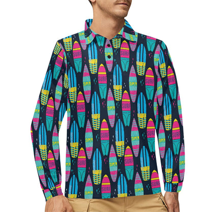 Surfboard Colorful Print Design LKS302 Long Sleeve Polo Shirt For Men's