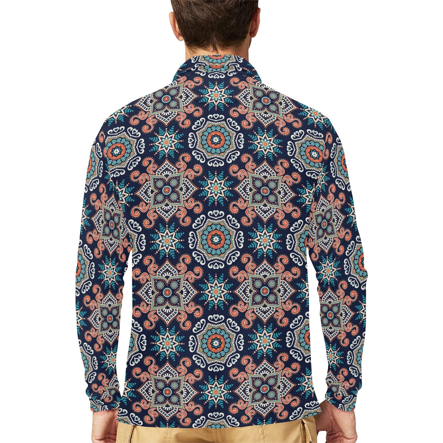Bohemian Pattern Print Design 02 Long Sleeve Polo Shirt For Men's