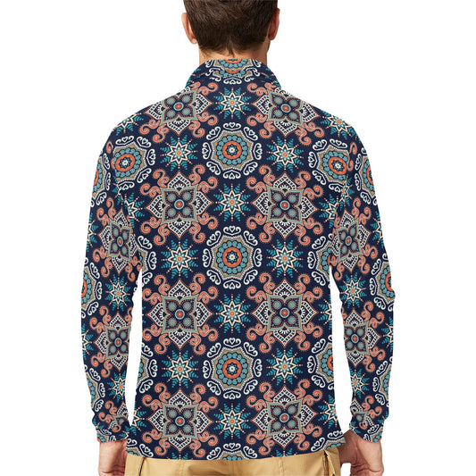 Bohemian Pattern Print Design 02 Long Sleeve Polo Shirt For Men's
