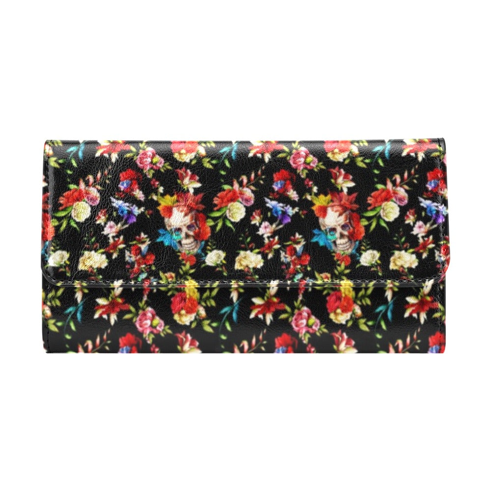 Skull Roses Flower Design Themed Print Women's Trifold Wallet