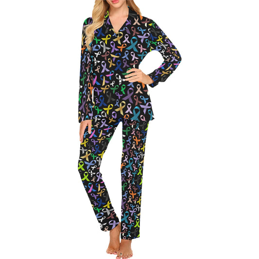 Breast Cancer Awareness Colorful Print Women's Long Pajama Set