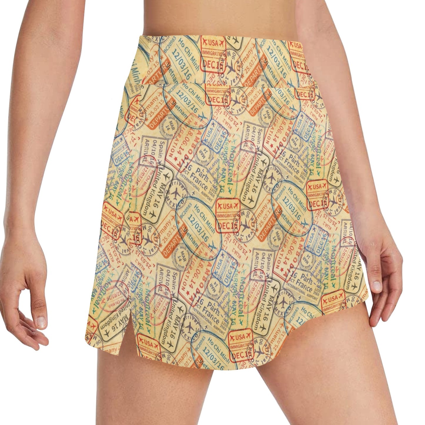Travel Stamp Print Design LKS302 17" Golf & Pickleball Skort with Pockets