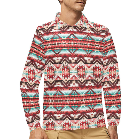 Aztec Western Style Print Pattern Long Sleeve Polo Shirt For Men's
