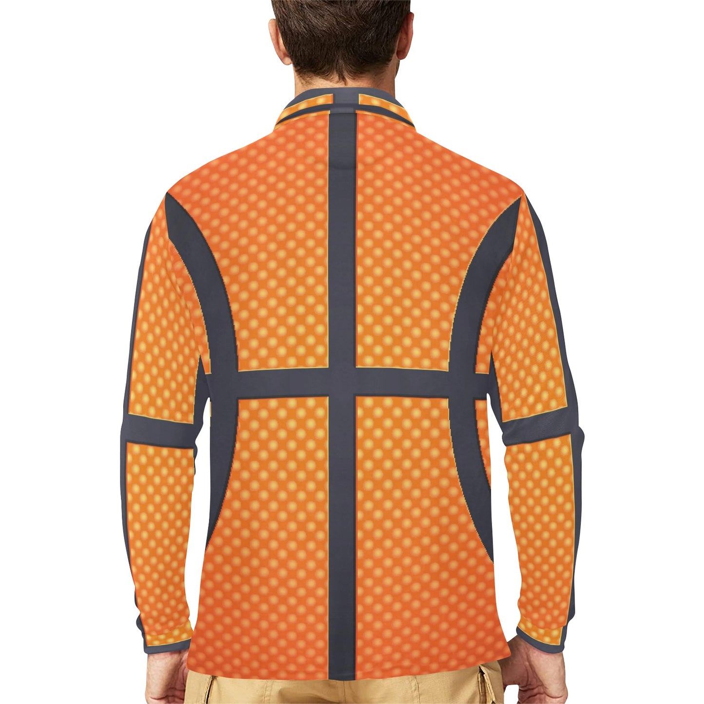 Basketball Texture Print Pattern Long Sleeve Polo Shirt For Men's