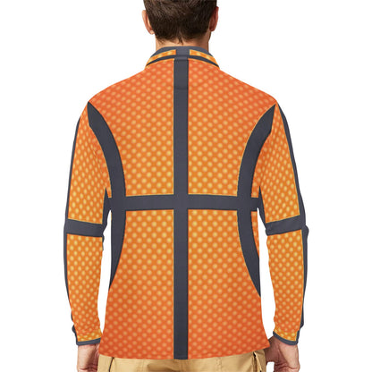 Basketball Texture Print Pattern Long Sleeve Polo Shirt For Men's