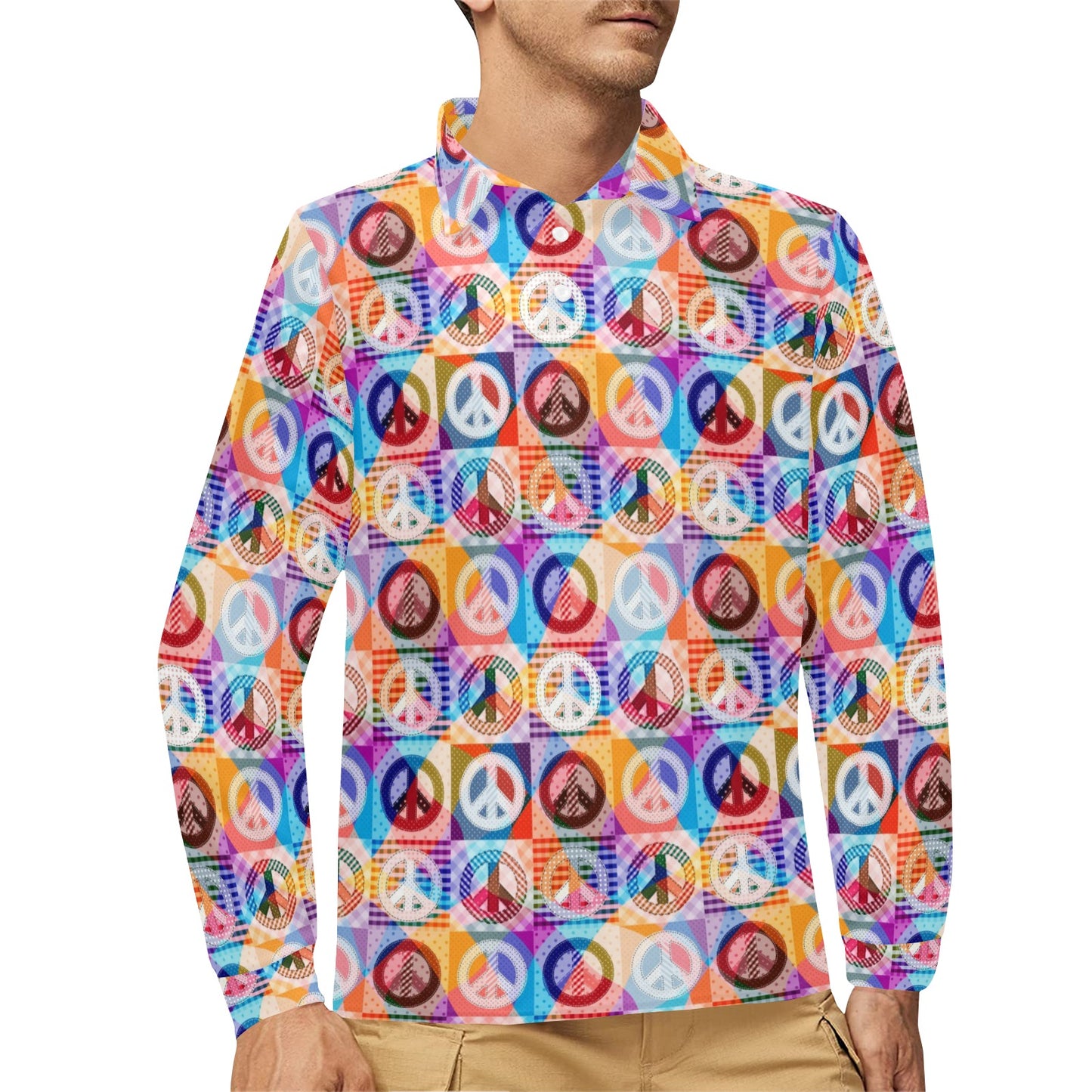 Peace Sign Patchwork Design Print Long Sleeve Polo Shirt For Men's