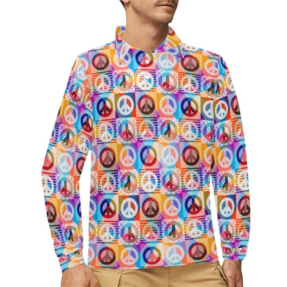 Peace Sign Patchwork Design Print Long Sleeve Polo Shirt For Men's