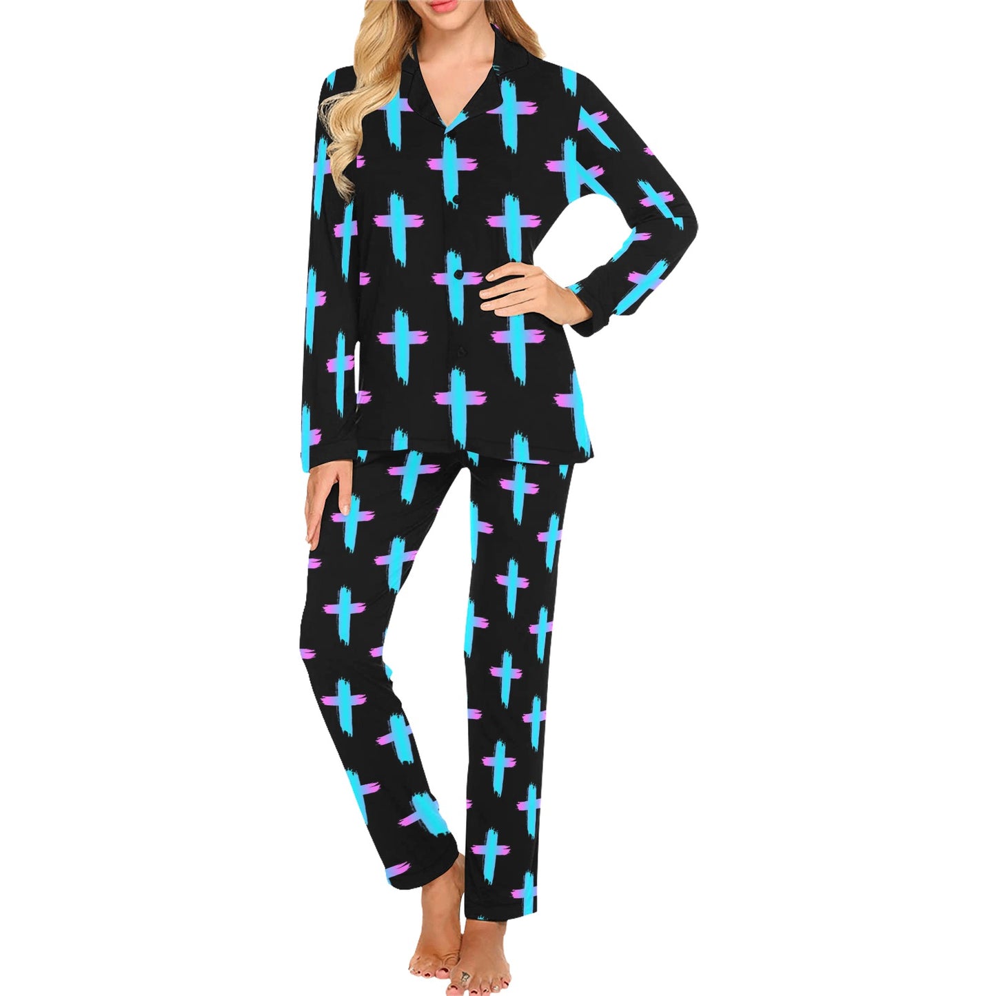 Christian Cross neon Pattern Women's Long Pajama Set