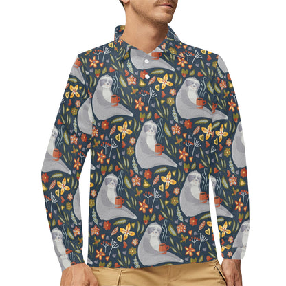 Sloth Print Design LKS303 Long Sleeve Polo Shirt For Men's
