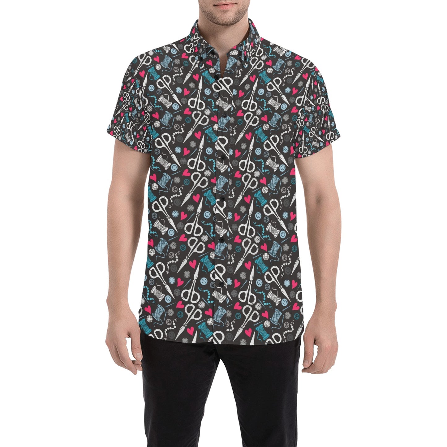 Sewing Equipment Print Design LKS305 Men Short Sleeve Button Up Shirt