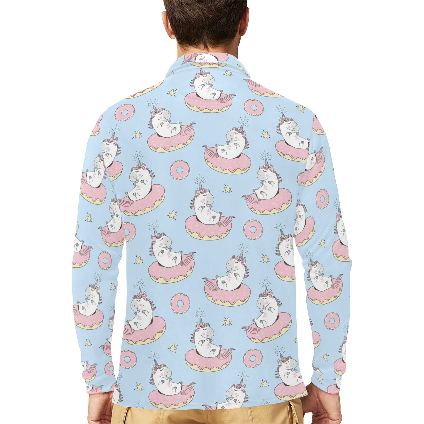 Donut Unicorn Pattern Print Design DN014 Long Sleeve Polo Shirt For Men's