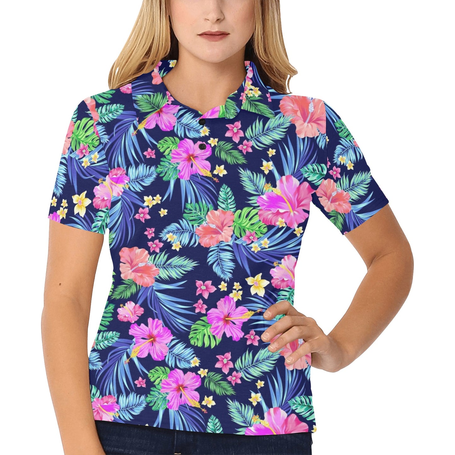 Neon Hibiscus Pattern Print Design HB016 Women's Polo Shirt