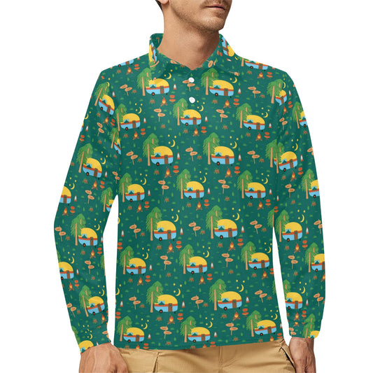 Camping Camper Pattern Print Design 06 Long Sleeve Polo Shirt For Men's
