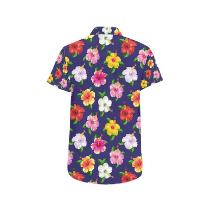 Hibiscus Colorful Print Design LKS301 Men Short Sleeve Button Up Shirt