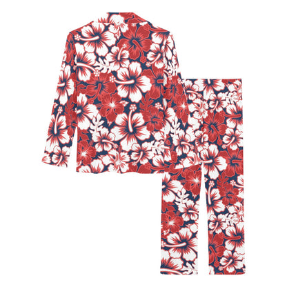 Red Hibiscus Pattern Print Design HB01 Women's Long Pajama Set