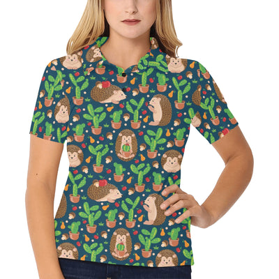 Hedgehog Cactus Pattern Print Design 04 Women's Polo Shirt